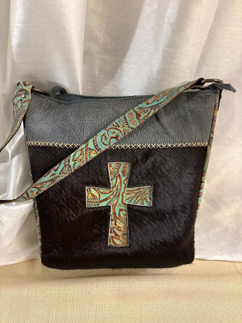 P&G Collection Genuine Leather and Cowhide Crossbody Shoulder Bag with Turquoise